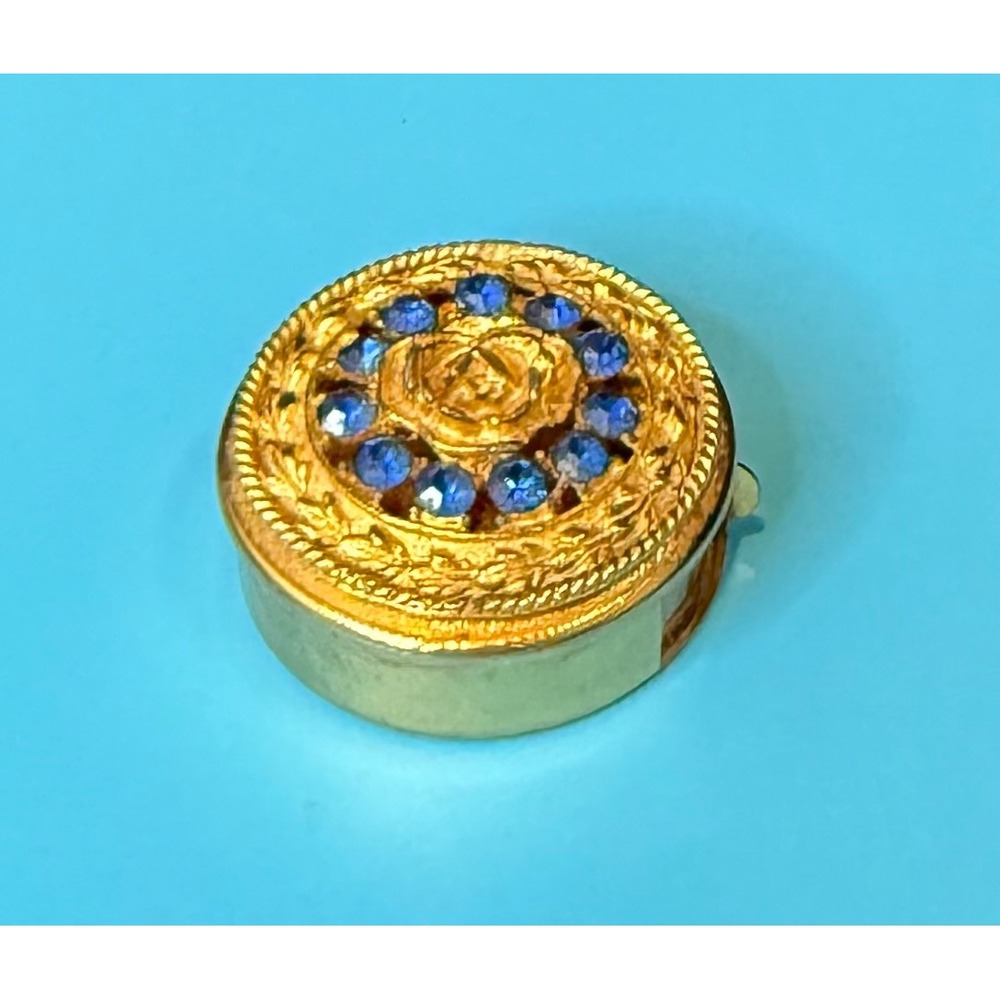 Vintage Trinket/Pill Box with Sliding Door Blue Rhinestones Gold Tone Estate
